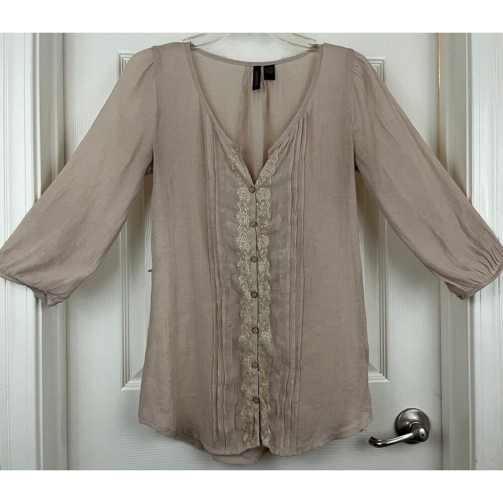 FULL TILT - Beige 3/4 Sleeve Pin Tucked Lace Trim Button-Up Blouse size Medium